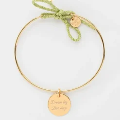Online HappyBulle Bracelet personnalisé jonc plaqué or et cordon pailleté médaille gravée 15 mm Plaqué or 18k
