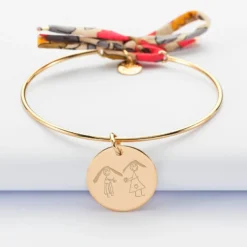 Best HappyBulle Bracelet personnalisé jonc plaqué or et cordon Liberty médaille gravée 19 mm Plaqué or 18k