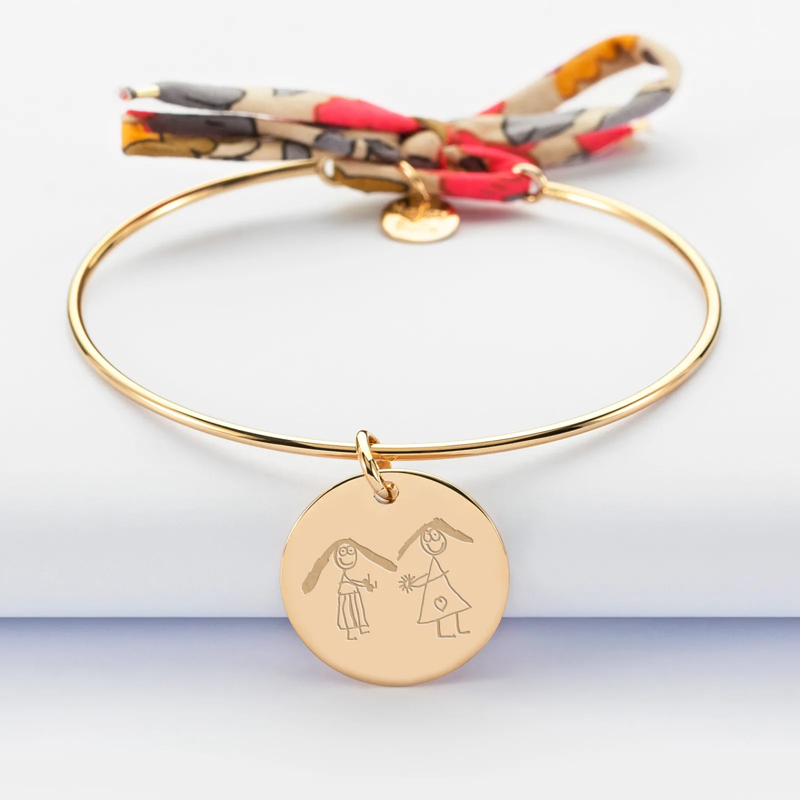 Best HappyBulle Bracelet personnalisé jonc plaqué or et cordon Liberty médaille gravée 19 mm Plaqué or 18k