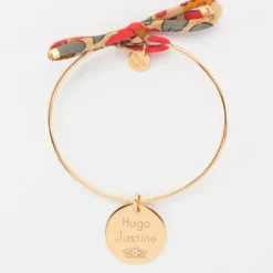 Best HappyBulle Bracelet personnalisé jonc plaqué or et cordon Liberty médaille gravée 19 mm Plaqué or 18k