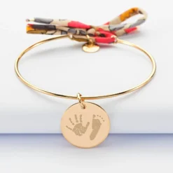 Best HappyBulle Bracelet personnalisé jonc plaqué or et cordon Liberty médaille gravée 19 mm Plaqué or 18k