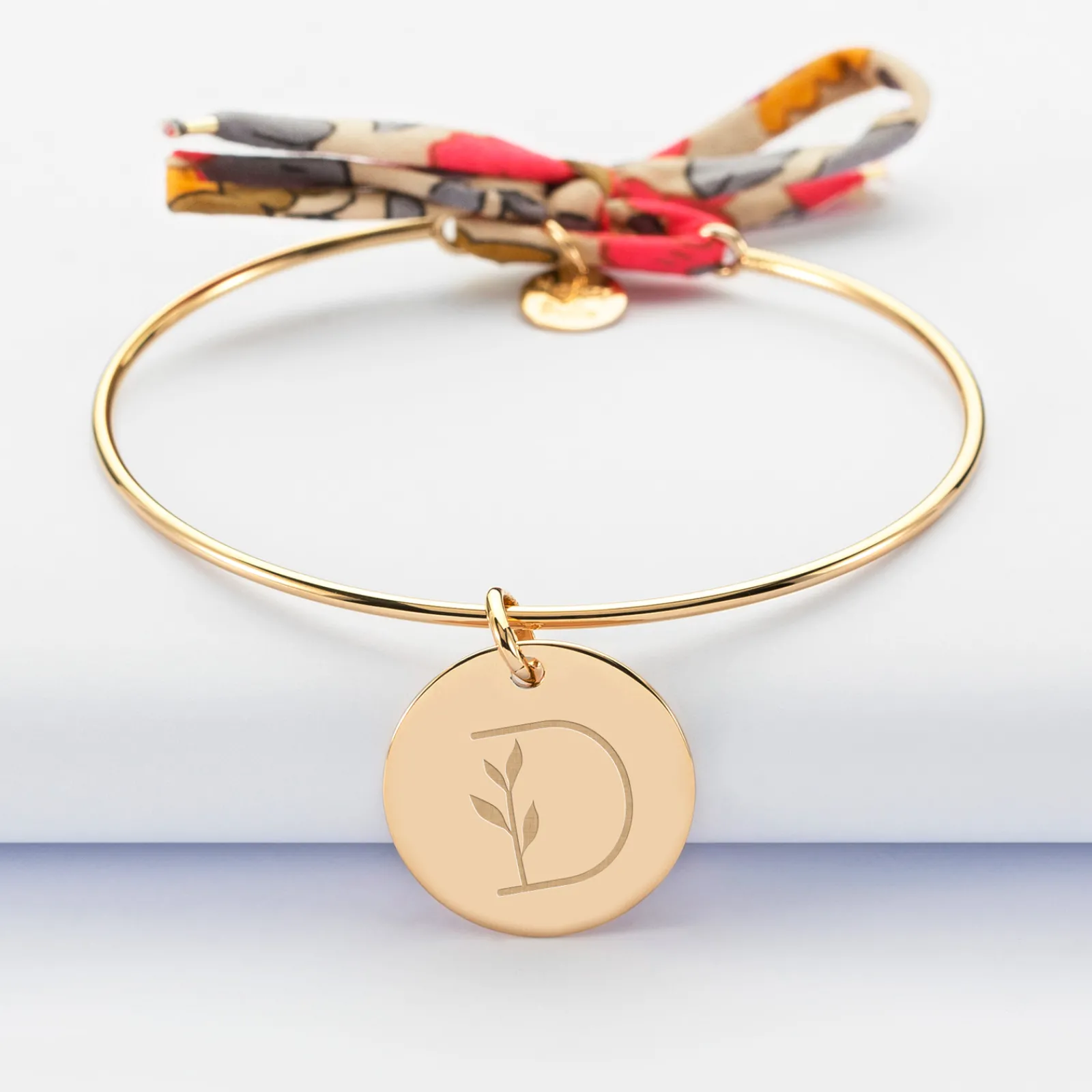 Best HappyBulle Bracelet personnalisé jonc plaqué or et cordon Liberty médaille gravée 19 mm Plaqué or 18k