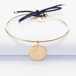 Best HappyBulle Bracelet personnalisé jonc plaqué or et cordon médaille gravée 15 mm - x Barbapapa Plaqué or 18k