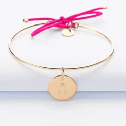 Best HappyBulle Bracelet personnalisé jonc plaqué or et cordon médaille gravée 15 mm - x Barbapapa Plaqué or 18k