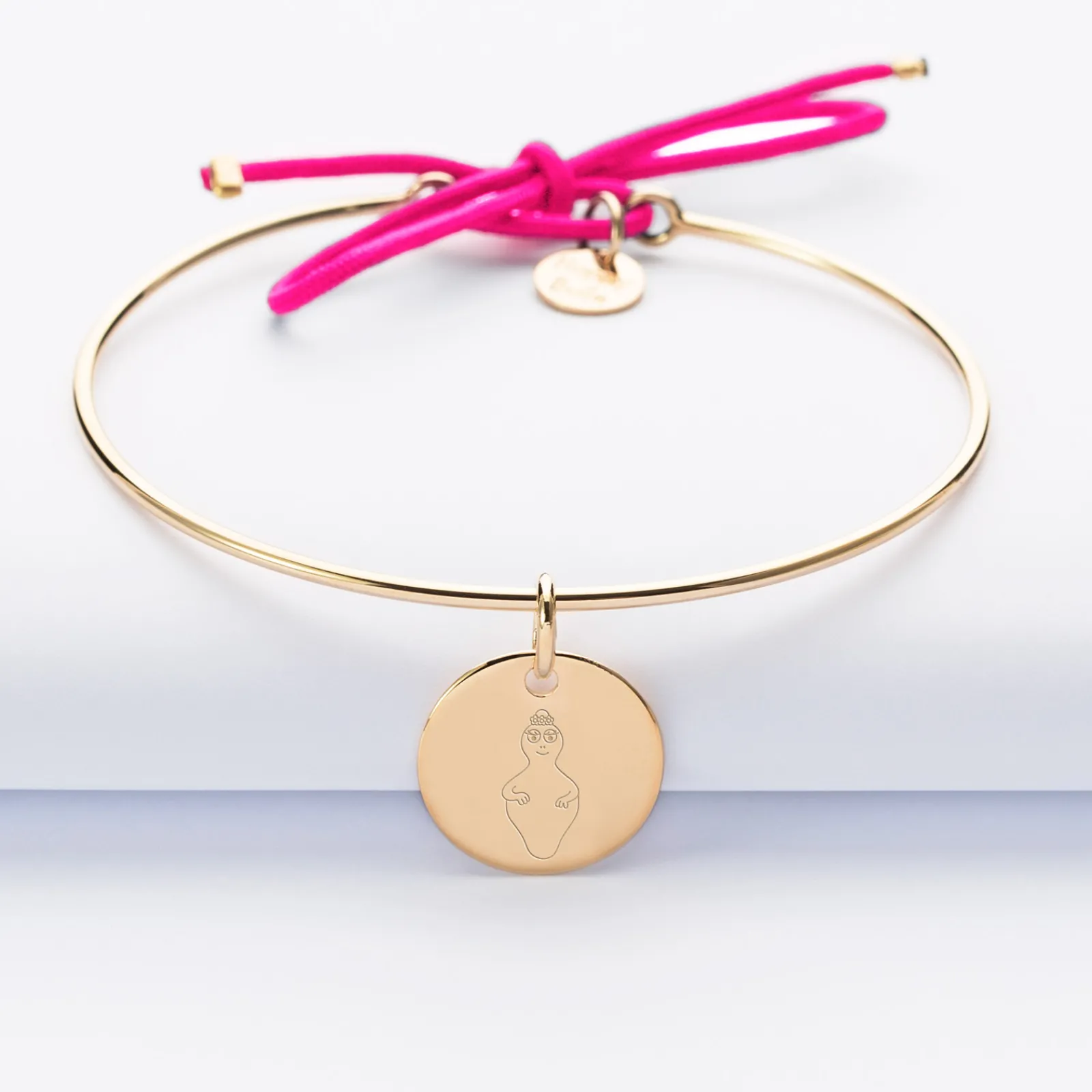 Best HappyBulle Bracelet personnalisé jonc plaqué or et cordon médaille gravée 15 mm - x Barbapapa Plaqué or 18k
