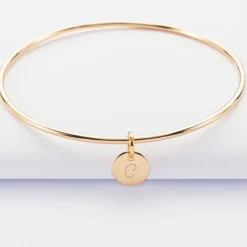 Discount HappyBulle Bracelet personnalisé jonc plaqué or médaille gravée initiale 10 mm Plaqué or 18k