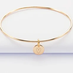 Discount HappyBulle Bracelet personnalisé jonc plaqué or médaille gravée initiale 10 mm Plaqué or 18k