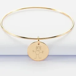 Discount HappyBulle Bracelet personnalisé jonc plaqué or médaille gravée 19 mm Plaqué or 18k