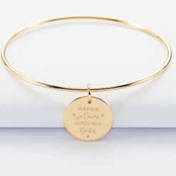 Discount HappyBulle Bracelet personnalisé jonc plaqué or médaille gravée 19 mm Plaqué or 18k