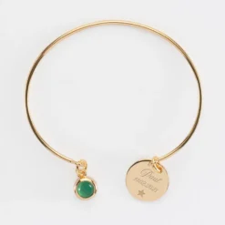 Hot HappyBulle Bracelet personnalisé jonc plaqué or ouvert médaille gravée 15 mm et breloque pierre naturelle 8 mm Plaqué or 18k