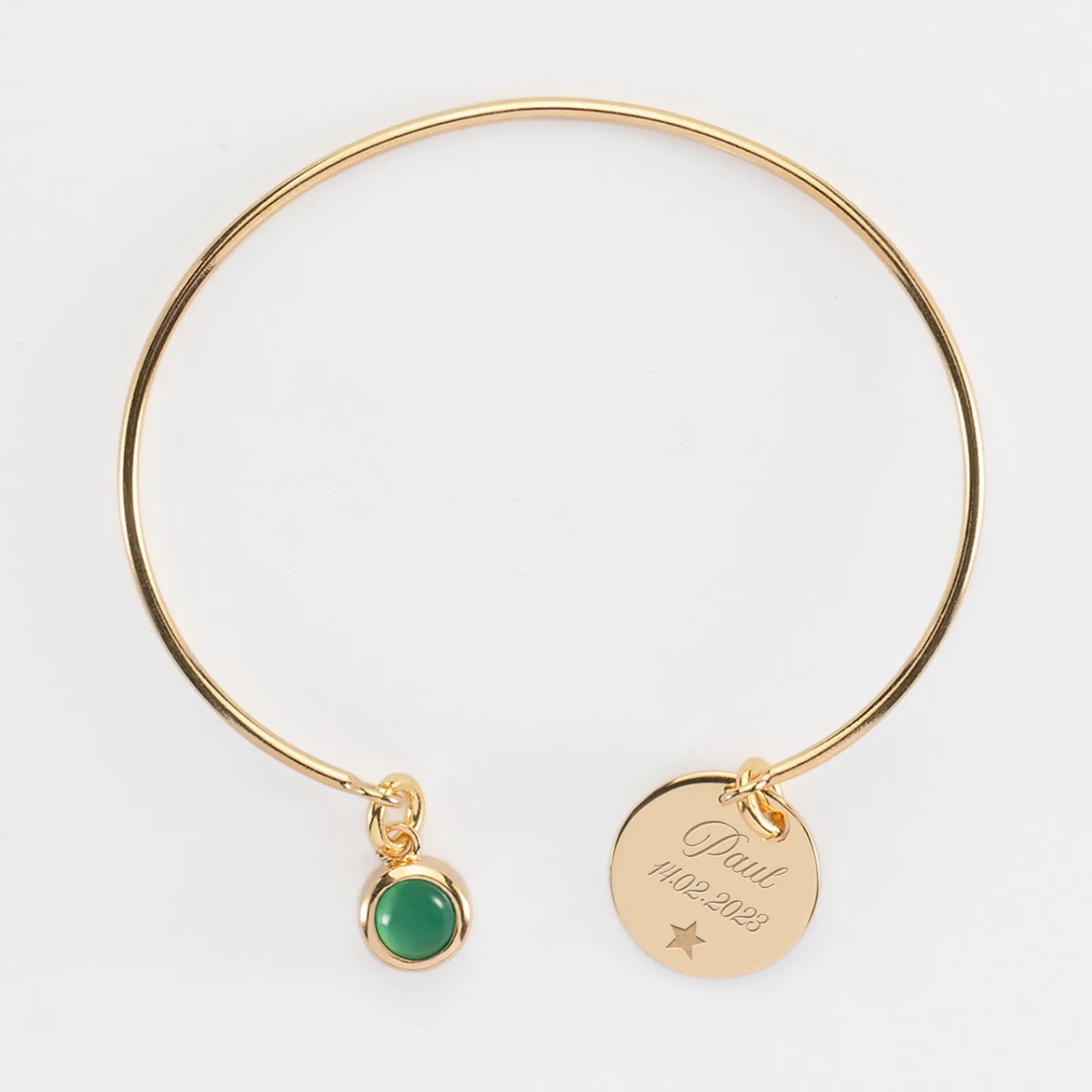 Hot HappyBulle Bracelet personnalisé jonc plaqué or ouvert médaille gravée 15 mm et breloque pierre naturelle 8 mm Plaqué or 18k