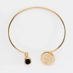 Hot HappyBulle Bracelet personnalisé jonc plaqué or ouvert médaille gravée 15 mm et breloque pierre naturelle 8 mm Plaqué or 18k