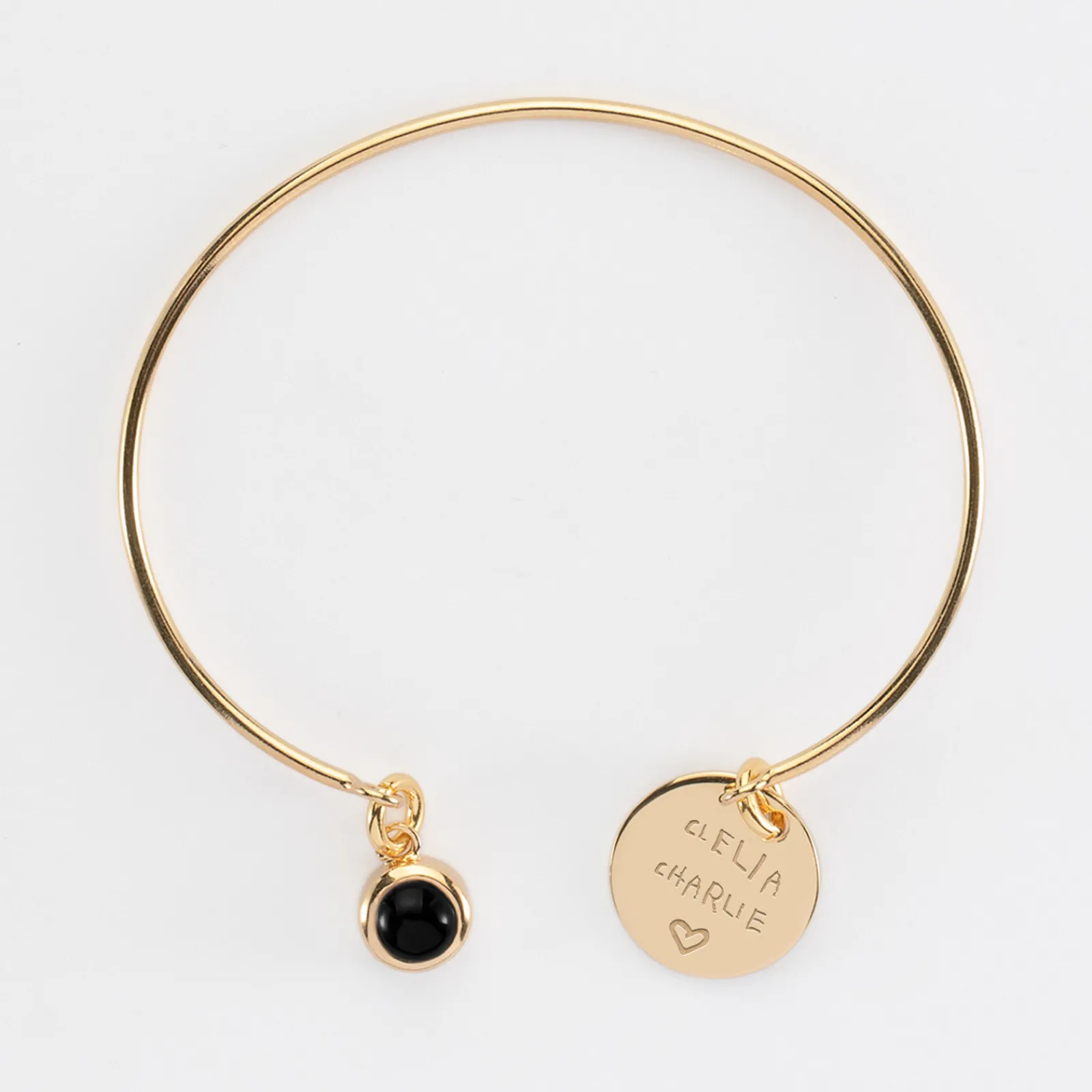 Hot HappyBulle Bracelet personnalisé jonc plaqué or ouvert médaille gravée 15 mm et breloque pierre naturelle 8 mm Plaqué or 18k