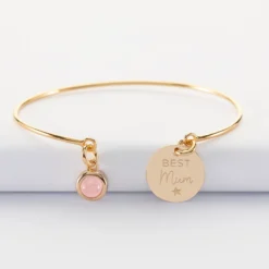 Hot HappyBulle Bracelet personnalisé jonc plaqué or ouvert médaille gravée 15 mm et breloque pierre naturelle 8 mm Plaqué or 18k