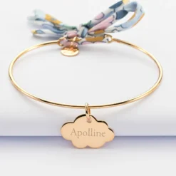 Clearance HappyBulle Bracelet personnalisé jonc plaqué or et cordon Liberty médaille gravée nuage 20x14 mm Plaqué or 18k
