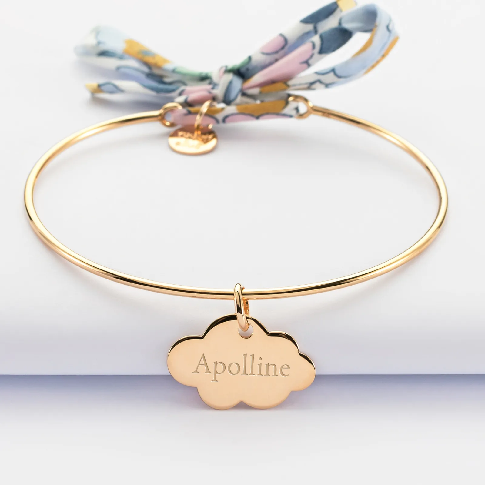 Clearance HappyBulle Bracelet personnalisé jonc plaqué or et cordon Liberty médaille gravée nuage 20x14 mm Plaqué or 18k