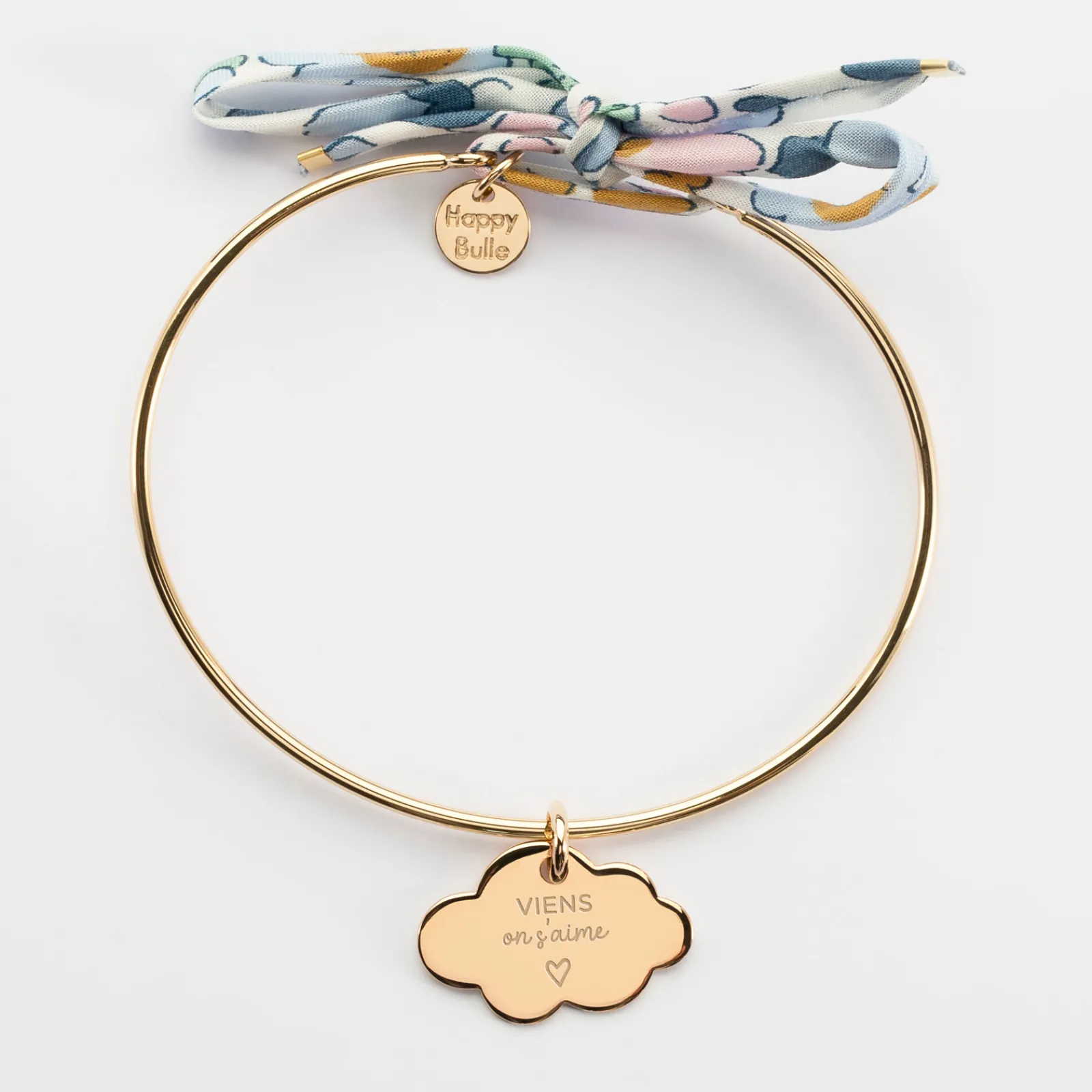 Clearance HappyBulle Bracelet personnalisé jonc plaqué or et cordon Liberty médaille gravée nuage 20x14 mm Plaqué or 18k