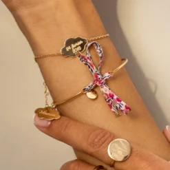 Clearance HappyBulle Bracelet personnalisé jonc plaqué or et cordon Liberty médaille gravée nuage 20x14 mm Plaqué or 18k