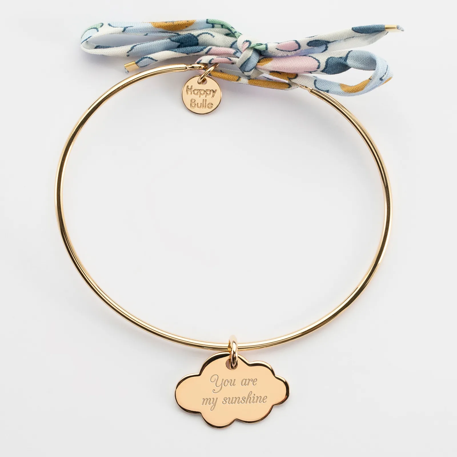 Clearance HappyBulle Bracelet personnalisé jonc plaqué or et cordon Liberty médaille gravée nuage 20x14 mm Plaqué or 18k