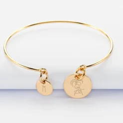 Discount HappyBulle Bracelet personnalisé jonc plaqué or médaille gravée 15 mm et breloque ronde 10 mm Plaqué or 18k