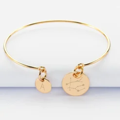 Discount HappyBulle Bracelet personnalisé jonc plaqué or médaille gravée 15 mm et breloque ronde 10 mm Plaqué or 18k