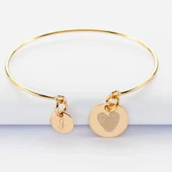 Discount HappyBulle Bracelet personnalisé jonc plaqué or médaille gravée 15 mm et breloque ronde 10 mm Plaqué or 18k