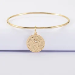 Outlet HappyBulle Bracelet personnalisé jonc plaqué or médaille gravée texturée rose scintillante 19 mm