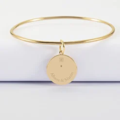 Outlet HappyBulle Bracelet personnalisé jonc plaqué or médaille gravée texturée rose scintillante 19 mm