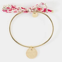 Online HappyBulle Bracelet personnalisé jonc plaqué or et cordon Liberty médaille martelée gravée 15 mm Plaqué or 18k