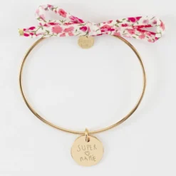 Online HappyBulle Bracelet personnalisé jonc plaqué or et cordon Liberty médaille martelée gravée 15 mm Plaqué or 18k