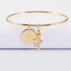 HappyBulle Bracelet personnalisé jonc plaqué or médaille gravée 15 mm et breloque rose 19 mm