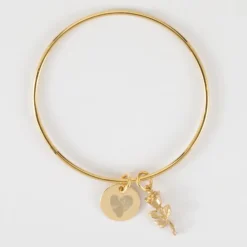 HappyBulle Bracelet personnalisé jonc plaqué or médaille gravée 15 mm et breloque rose 19 mm