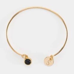 New HappyBulle Bracelet personnalisé jonc plaqué or ouvert médaille gravée 10 mm et breloque pierre naturelle 8 mm Plaqué or 18k