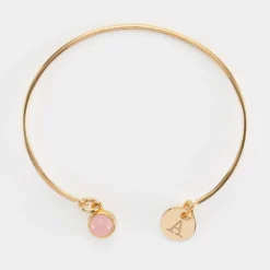 New HappyBulle Bracelet personnalisé jonc plaqué or ouvert médaille gravée 10 mm et breloque pierre naturelle 8 mm Plaqué or 18k