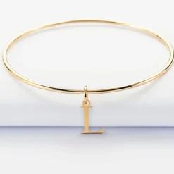 Clearance HappyBulle Bracelet personnalisé jonc plaqué or médaille initiale 14 mm Plaqué or 18k