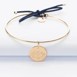 Hot HappyBulle Bracelet personnalisé jonc plaqué or et cordon médaille gravée 15 mm Plaqué or 18k
