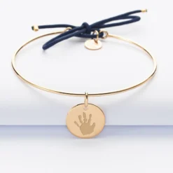 Hot HappyBulle Bracelet personnalisé jonc plaqué or et cordon médaille gravée 15 mm Plaqué or 18k