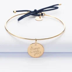 Hot HappyBulle Bracelet personnalisé jonc plaqué or et cordon médaille gravée 15 mm Plaqué or 18k