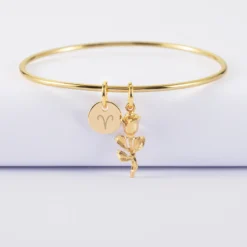 Sale HappyBulle Bracelet personnalisé jonc plaqué or médaille gravée 10 mm et breloque rose 19 mm