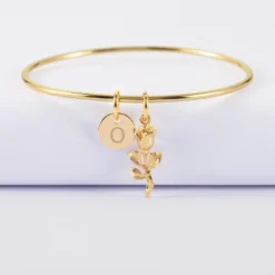 Sale HappyBulle Bracelet personnalisé jonc plaqué or médaille gravée 10 mm et breloque rose 19 mm
