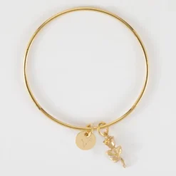 Sale HappyBulle Bracelet personnalisé jonc plaqué or médaille gravée 10 mm et breloque rose 19 mm