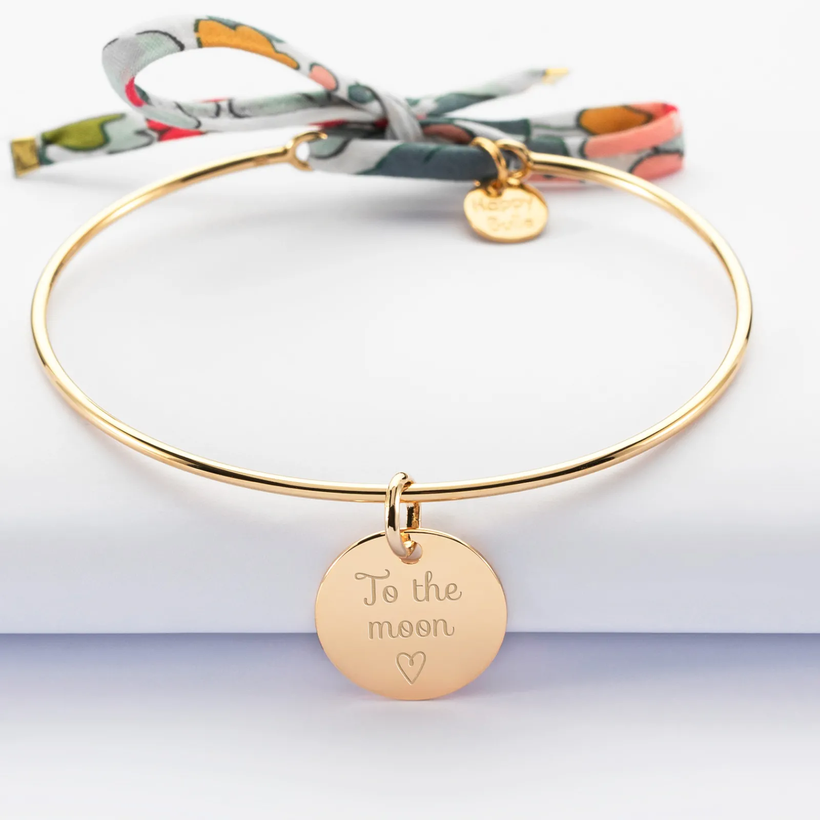 Clearance HappyBulle Bracelet personnalisé jonc plaqué or et cordon Liberty médaille gravée 15 mm Plaqué or 18k