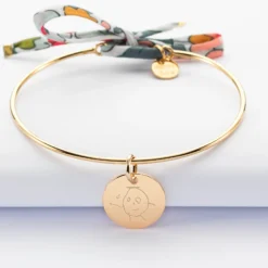 Clearance HappyBulle Bracelet personnalisé jonc plaqué or et cordon Liberty médaille gravée 15 mm Plaqué or 18k