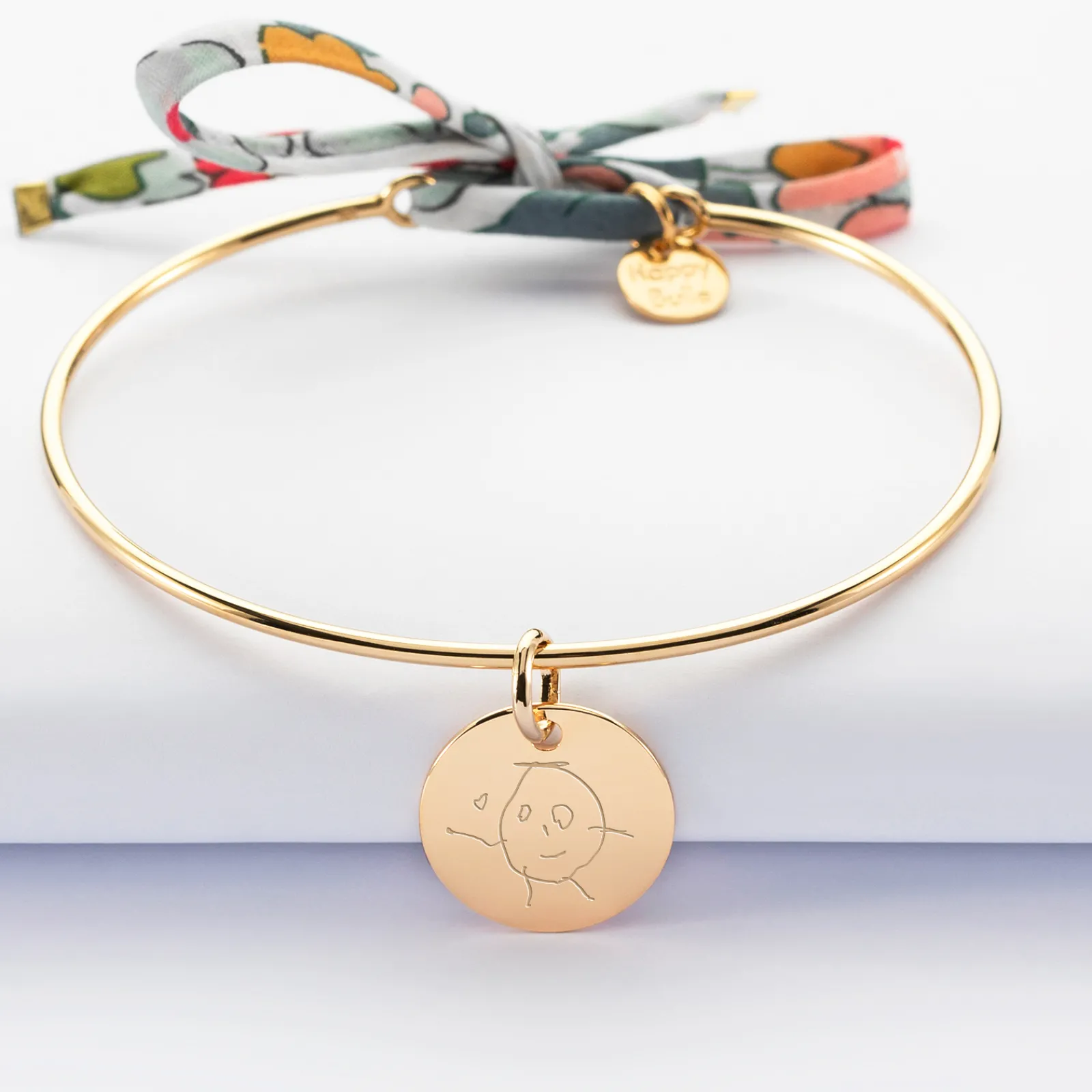Clearance HappyBulle Bracelet personnalisé jonc plaqué or et cordon Liberty médaille gravée 15 mm Plaqué or 18k