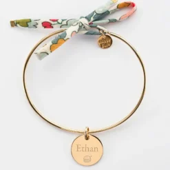 Clearance HappyBulle Bracelet personnalisé jonc plaqué or et cordon Liberty médaille gravée 15 mm Plaqué or 18k
