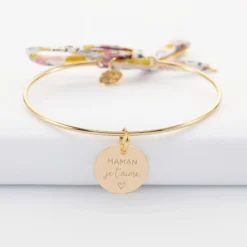Clearance HappyBulle Bracelet personnalisé jonc plaqué or et cordon Liberty médaille gravée 15 mm Plaqué or 18k