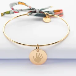 Clearance HappyBulle Bracelet personnalisé jonc plaqué or et cordon Liberty médaille gravée 15 mm Plaqué or 18k