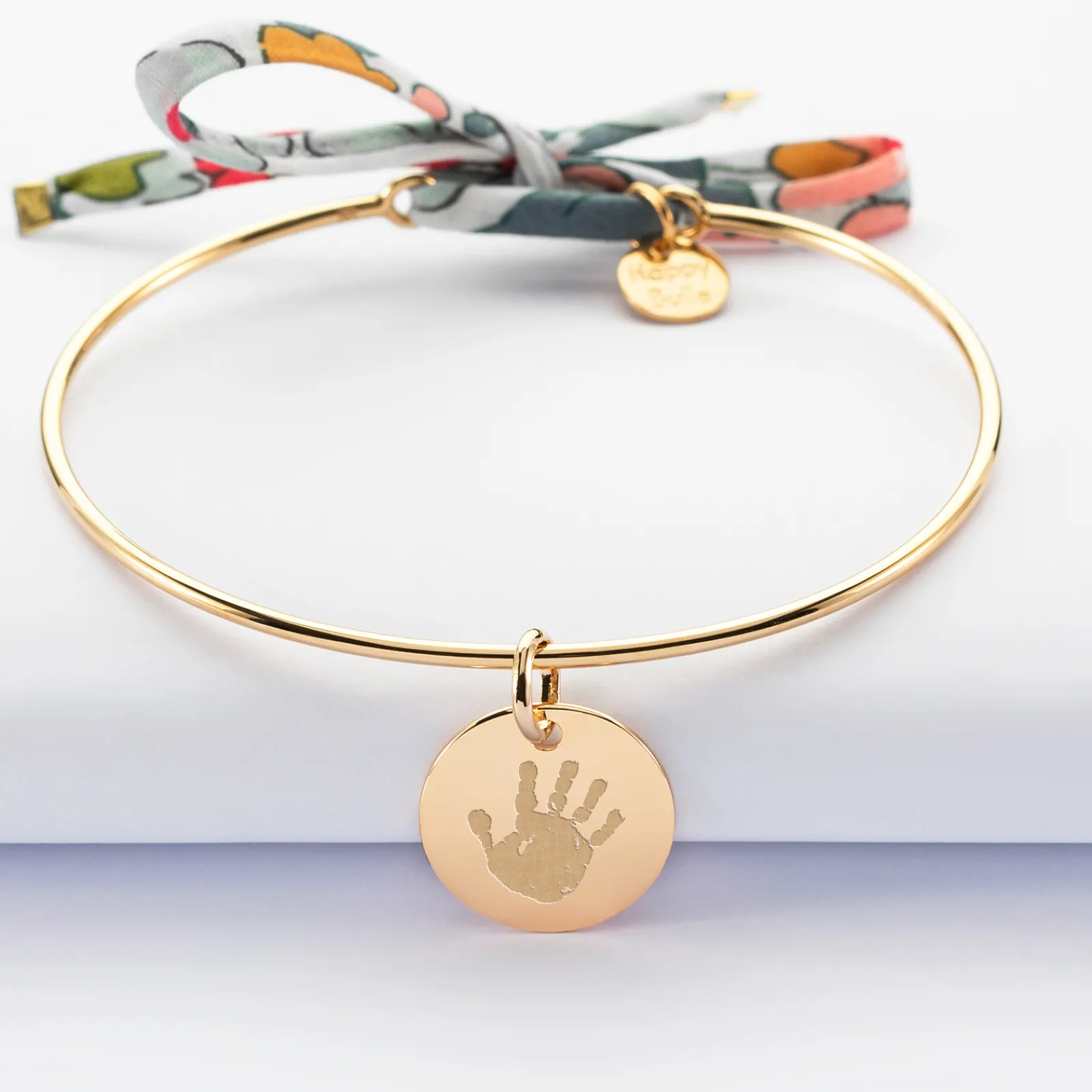 Clearance HappyBulle Bracelet personnalisé jonc plaqué or et cordon Liberty médaille gravée 15 mm Plaqué or 18k