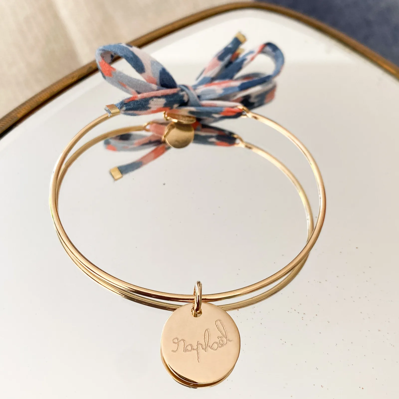 Clearance HappyBulle Bracelet personnalisé jonc plaqué or et cordon Liberty médaille gravée 15 mm Plaqué or 18k