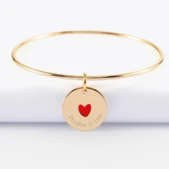 HappyBulle Bracelet personnalisé jonc plaqué or médaille gravée coeur émail rouge 19 mm - x Atelier Wagram